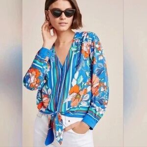 Anthropologie Maeve Elan Scarf-Printed Floral Tie Front Blouse Sz 4